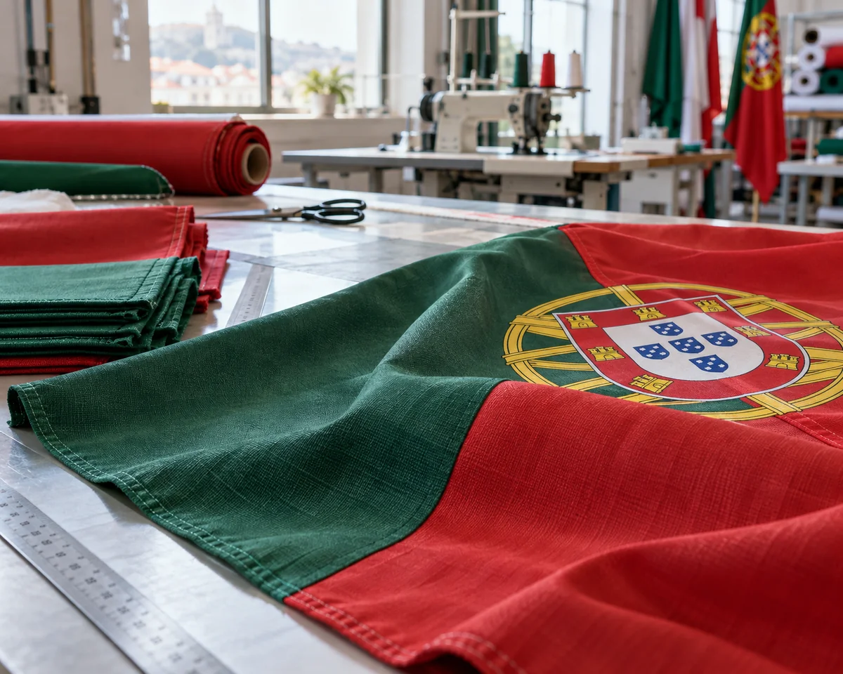 Tecidos para bandeiras sobre mesa de trabalho